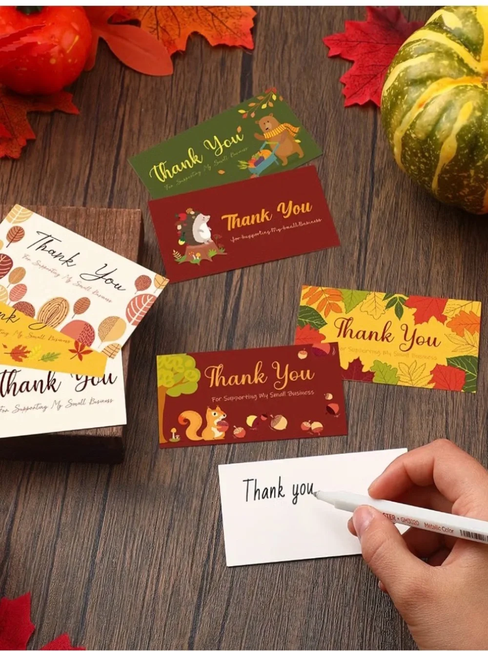 48 Autumn Thank You Business Card Set – Fall Leaves & Woodland Designs
